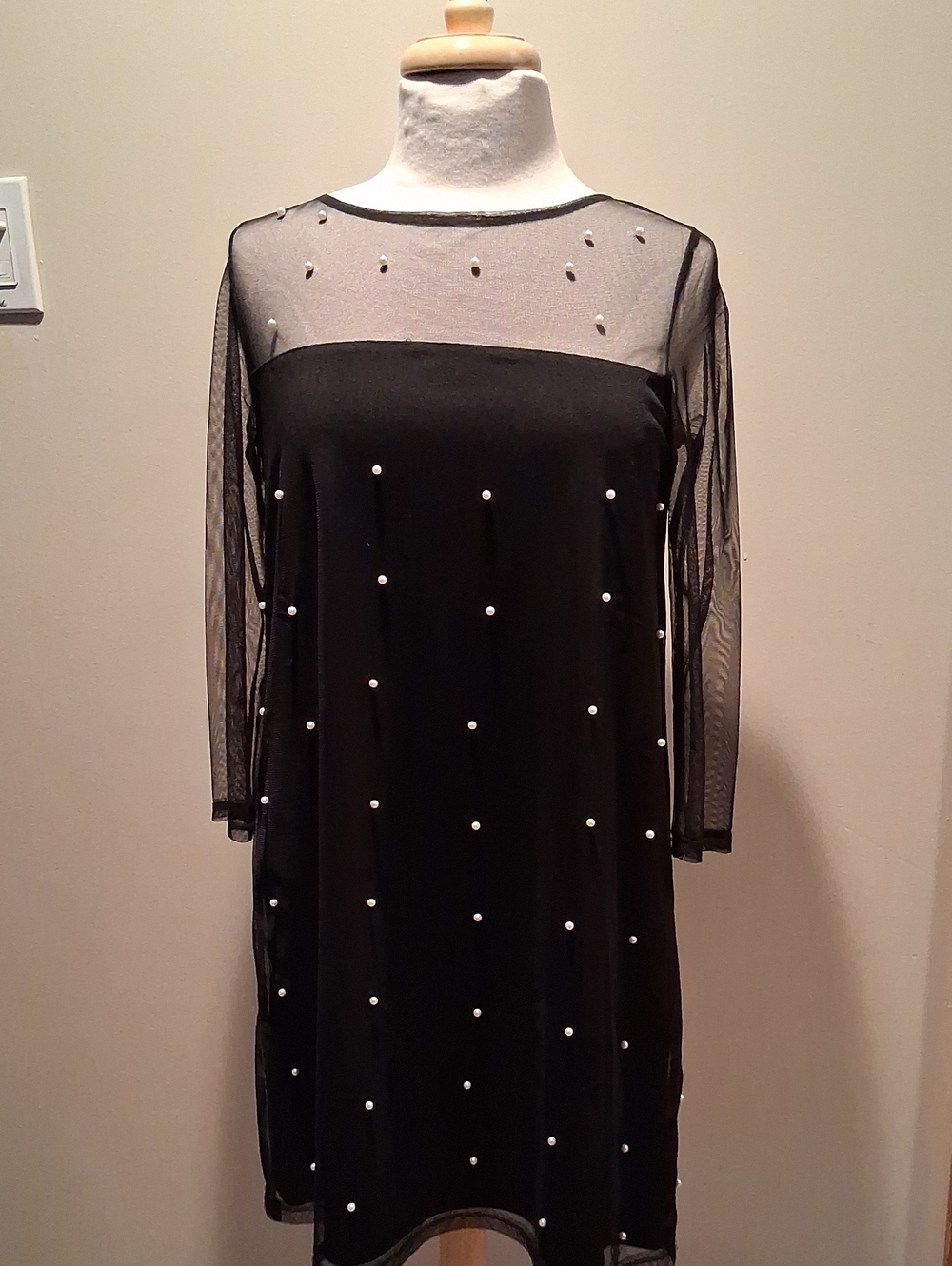 Black Sheer Yoke Pearl-Accent Women's Dress